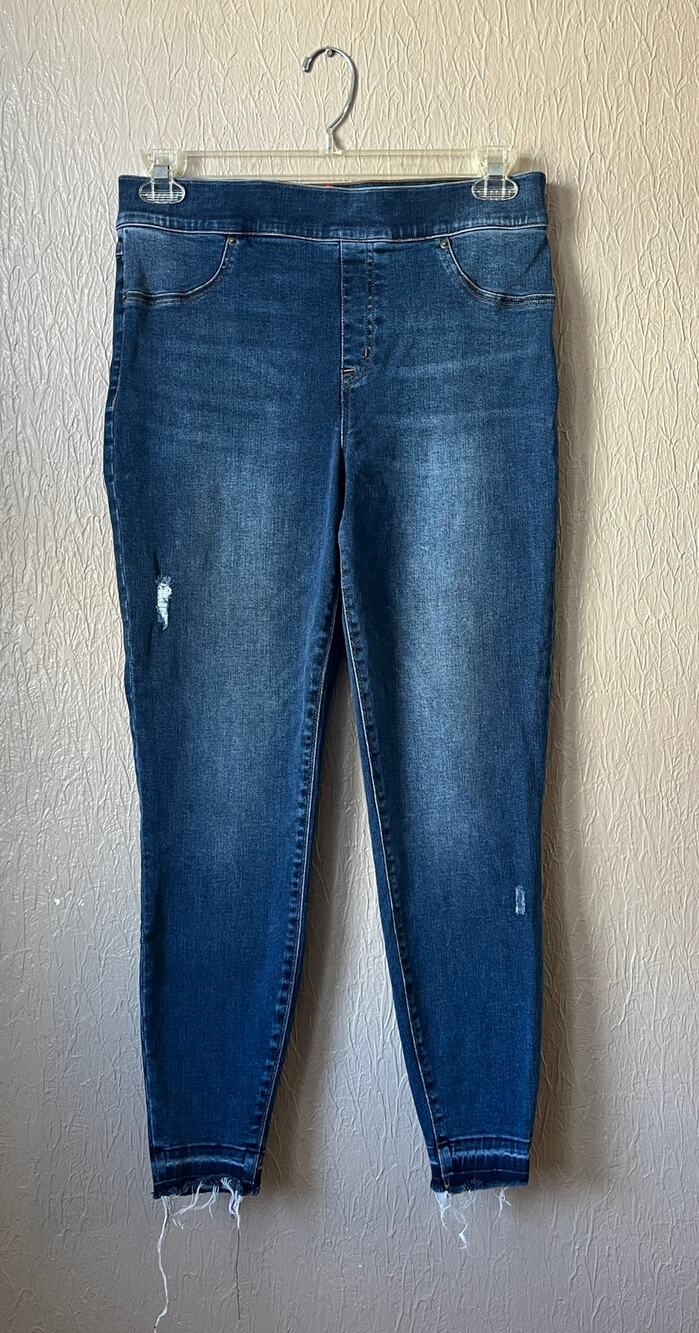 Spanx Women's Distressed Ankle Skinny Denim Jeans Jeggins Blue Mid Rise Size XL